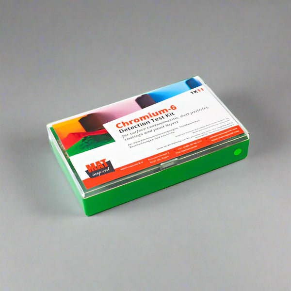 Compact kit containing Chromium-6 detection solution and swabs.