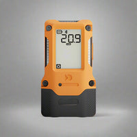Orange UnoIQ wearable single gas detector displaying oxygen level on screen, compact rechargeable personal gas monitor with modular sensor technology for industrial safety.