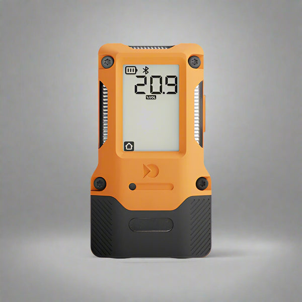 Orange UnoIQ wearable single gas detector displaying oxygen level on screen, compact rechargeable personal gas monitor with modular sensor technology for industrial safety.