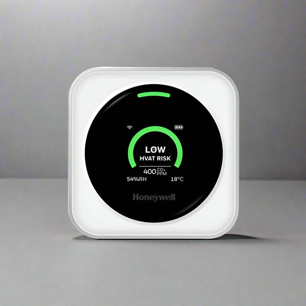Honeywell Indoor Air Quality Monitor displaying CO₂, temperature, and humidity levels for maintaining healthy air in homes, offices, and classrooms.